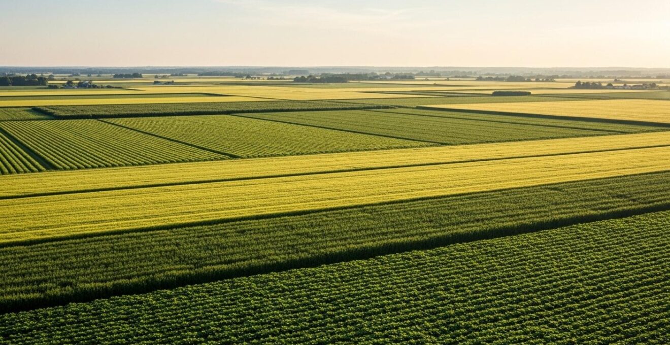Paysage agricole avec champs variés bio, conventionnel et raisonné au lever du soleil
