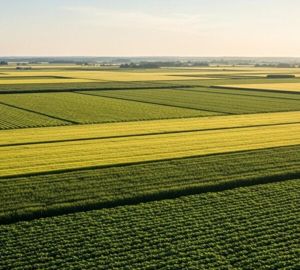 Paysage agricole avec champs variés bio, conventionnel et raisonné au lever du soleil