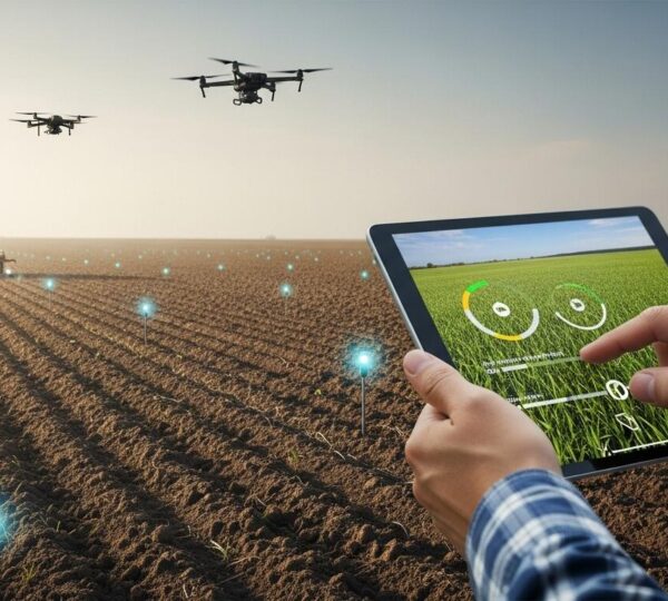 Champ agricole moderne avec des équipements agricoles innovants et un agriculteur analysant des données sur tablette