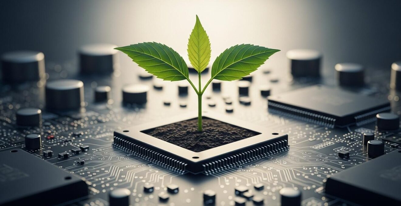 Plante verte poussant au centre d'un circuit imprimé symbolisant l'agriculture de précision hors-sol