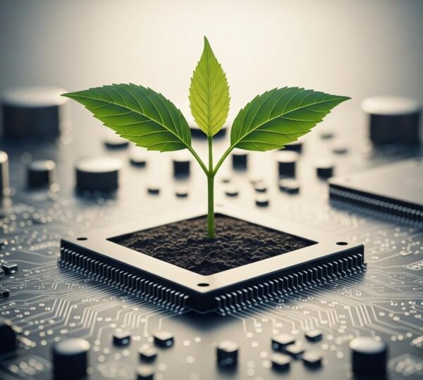 Plante verte poussant au centre d'un circuit imprimé symbolisant l'agriculture de précision hors-sol