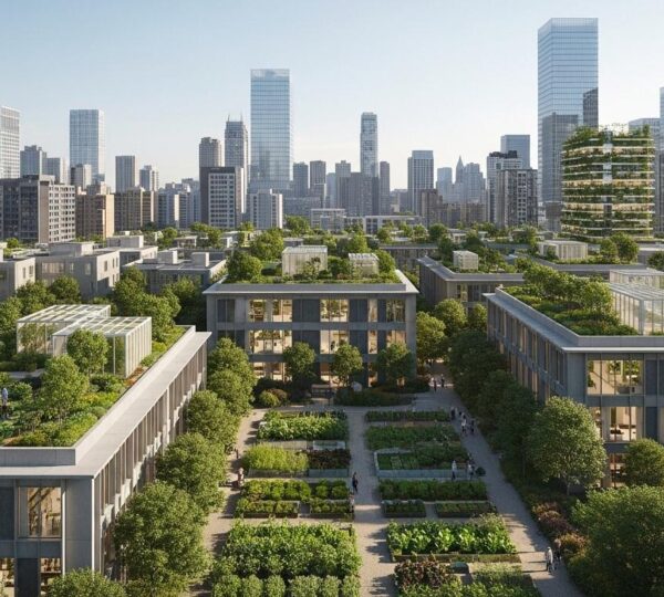 Vue panoramique d'une grande ville avec toits végétalisés, fermes verticales et potagers urbains luxuriants