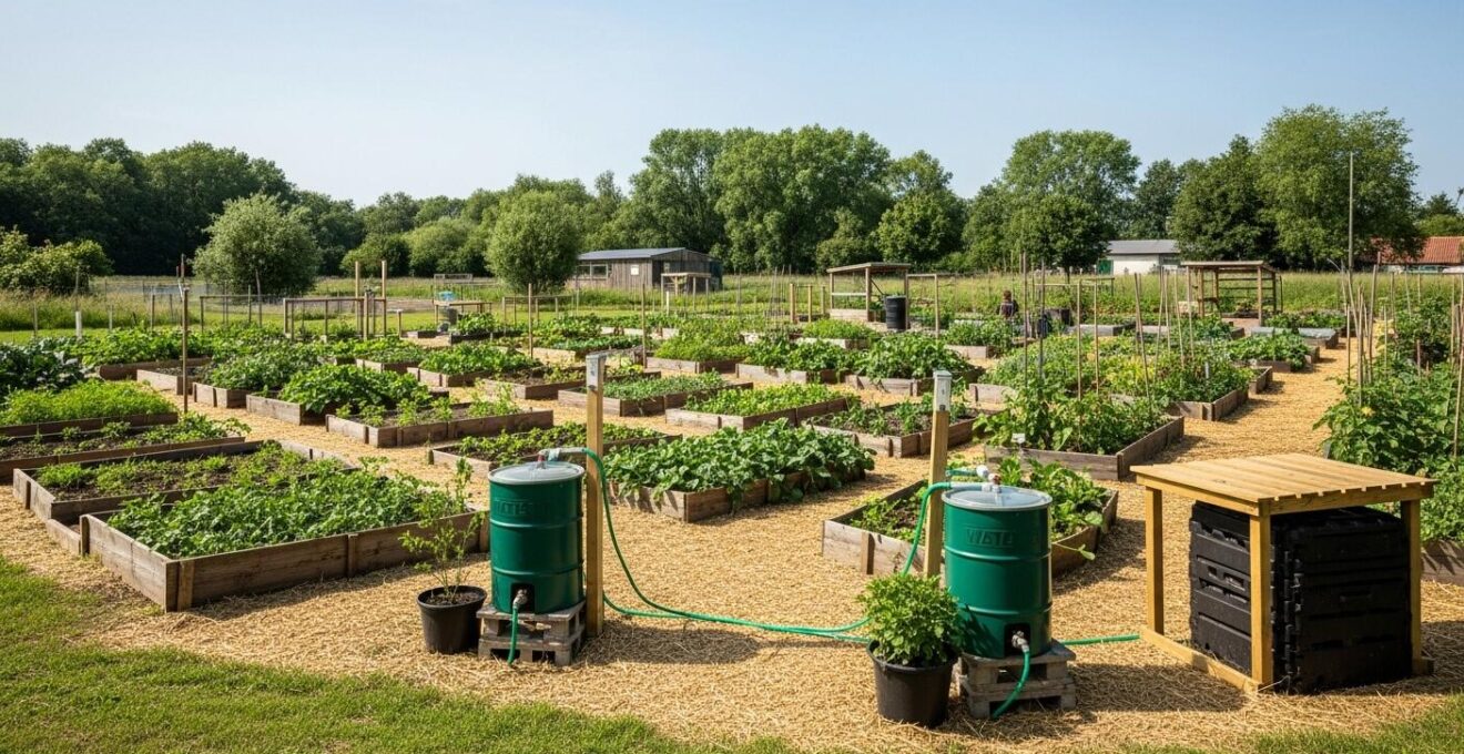 Vue conceptuelle d’un jardin partagé avec des zones de parcelles individuelles et espaces communs aménagés