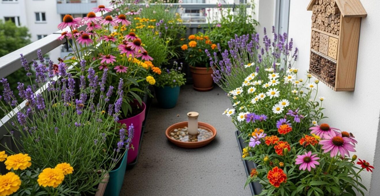 Balcon urbain fleuri avec fleurs mellifères, abreuvoir pour abeilles et hôtel à insectes