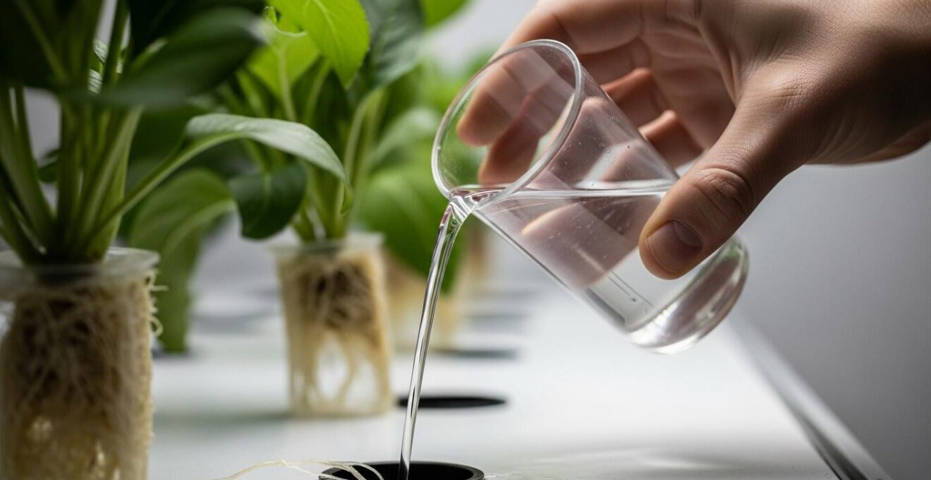 Vue rapprochée hyperréaliste d'une main versant une solution nutritive claire sur des racines de plantes vertes en hydroponie dans un environnement lumineux et moderne.