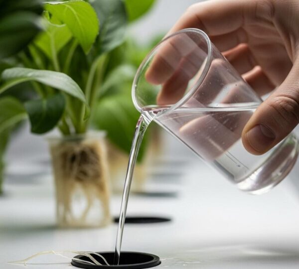 Vue rapprochée hyperréaliste d'une main versant une solution nutritive claire sur des racines de plantes vertes en hydroponie dans un environnement lumineux et moderne.