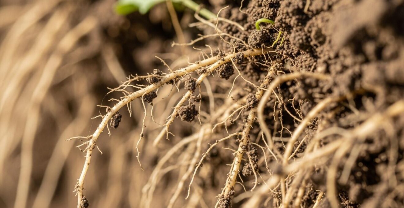 Détail macro des racines de différentes espèces de couverts végétaux entrelacées dans un sol fertile