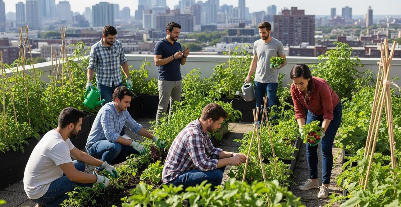 Vue d’un petit groupe de personnes en train d’entretenir un potager sur un toit d’immeuble en milieu urbain