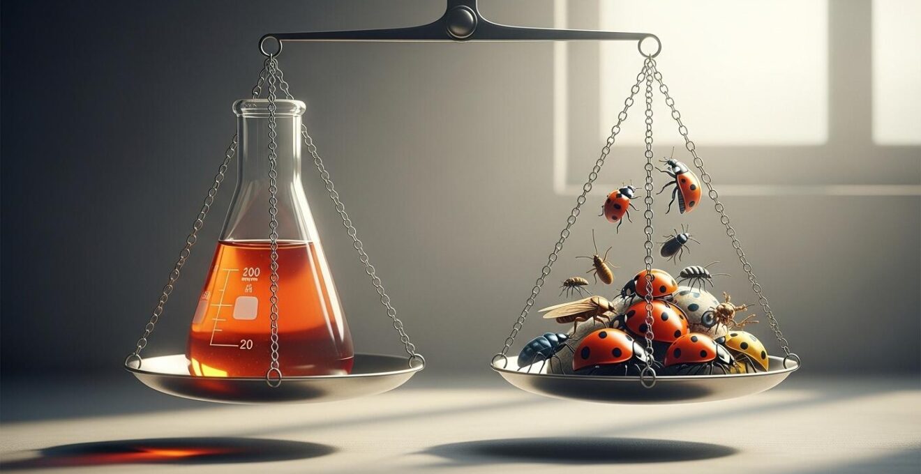 Illustration symbolique montrant une balance avec un flacon de pesticide chimique d’un côté et des insectes auxiliaires de l’autre