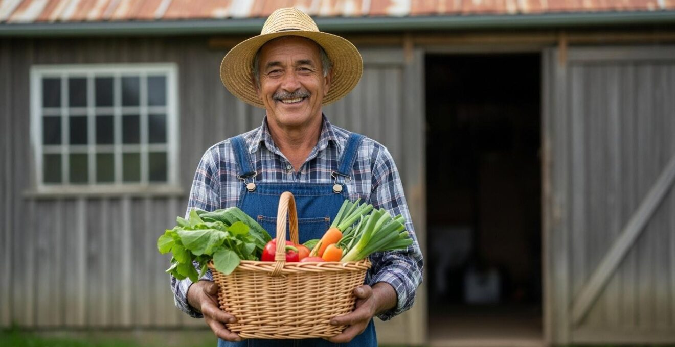 Agriculteur tenant un panier de fruits et légumes devant sa ferme avec un panneau tarifaire simple