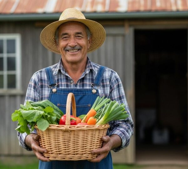 Agriculteur tenant un panier de fruits et légumes devant sa ferme avec un panneau tarifaire simple
