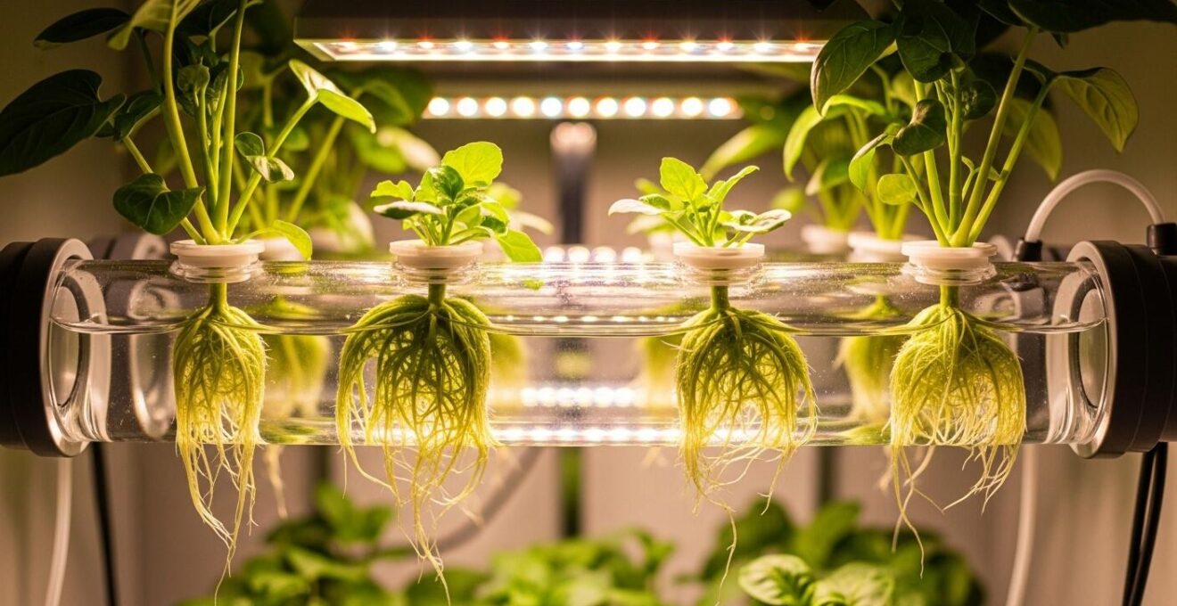 Système hydroponique moderne montrant des plantes vigoureuses poussant dans des tubes translucides sans terre visible