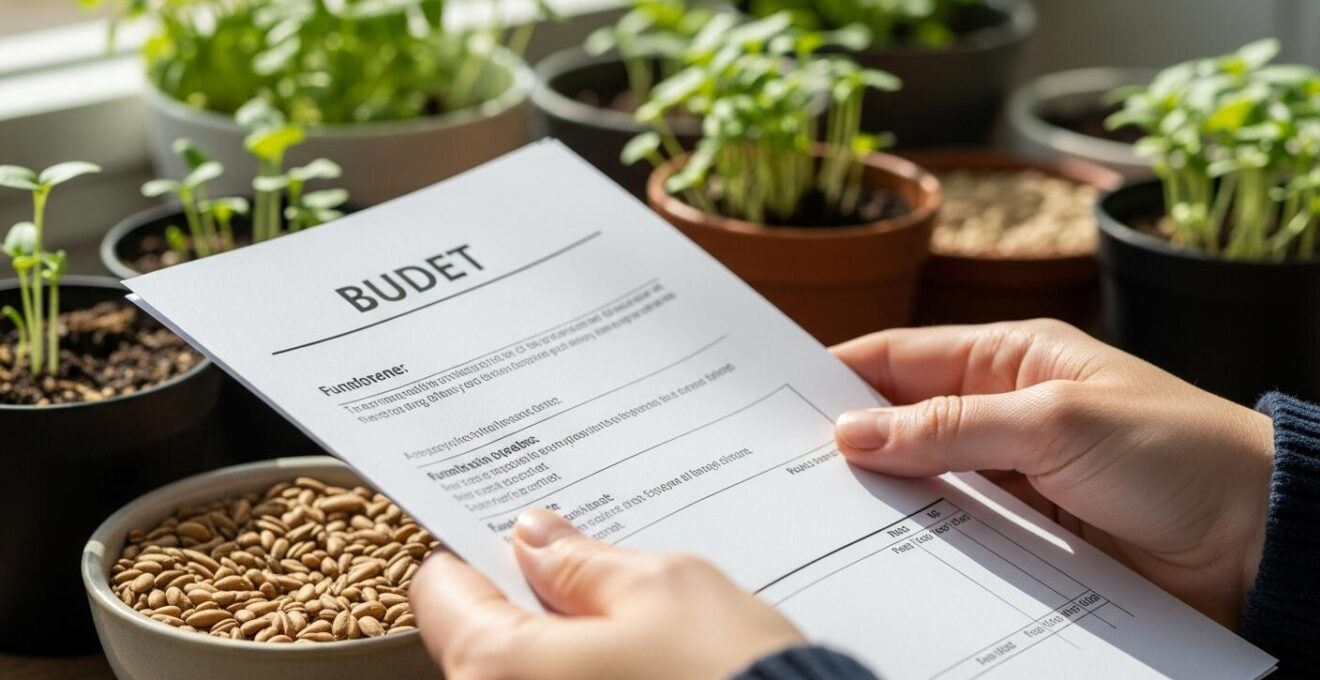 Photo macro montrant des mains tenant un relevé de budget avec des graines et un petit plant en arrière-plan flou