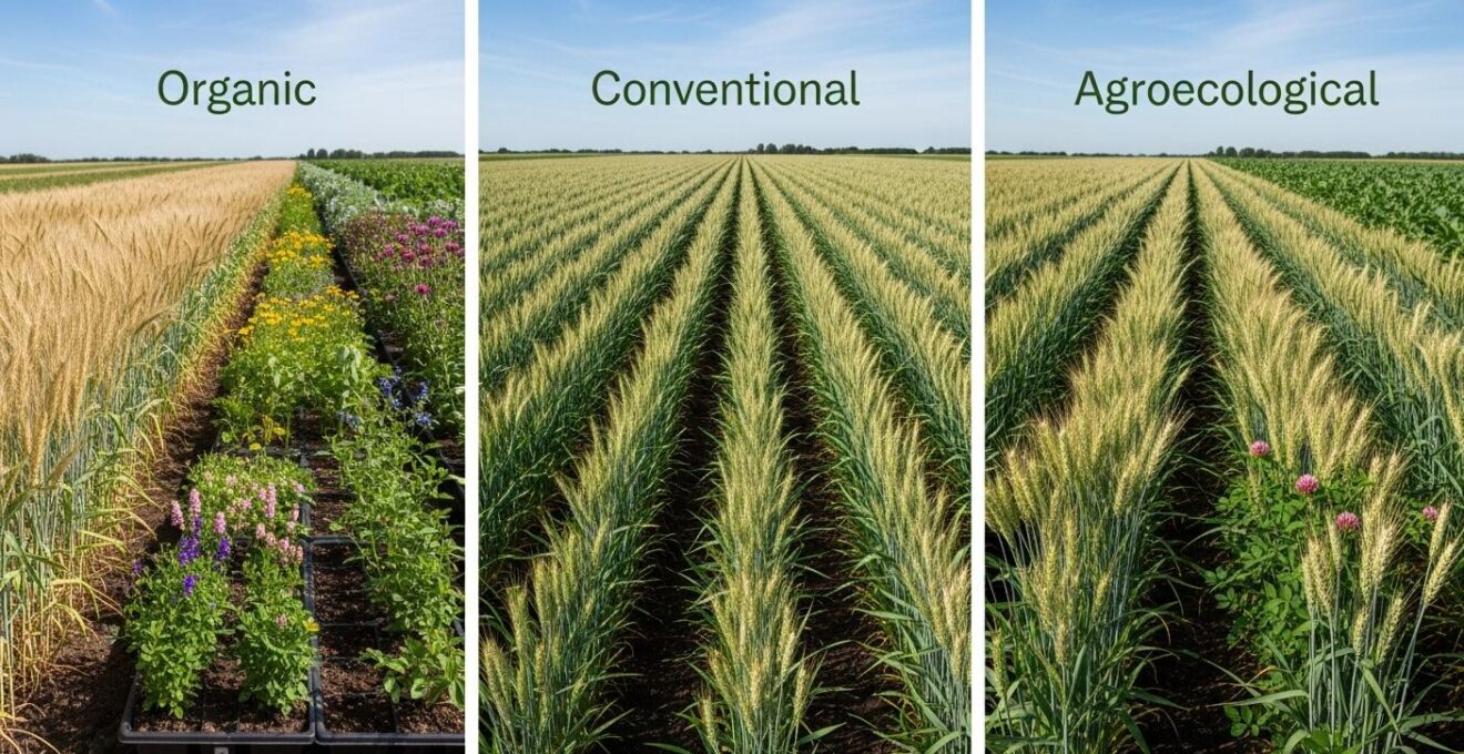 Trois plateaux pratiques agricoles montrant différentes méthodes de culture du blé