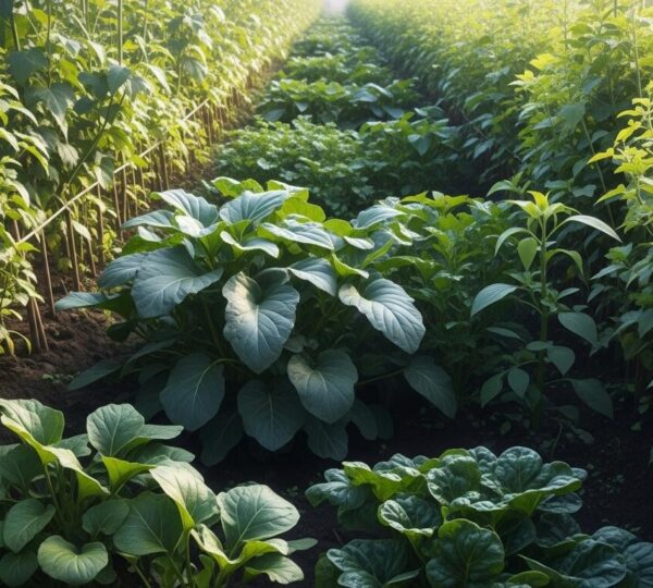 Vue panoramique d'un champ agricole diversifié avec différents types de cultures et arbres en symbiose naturelle