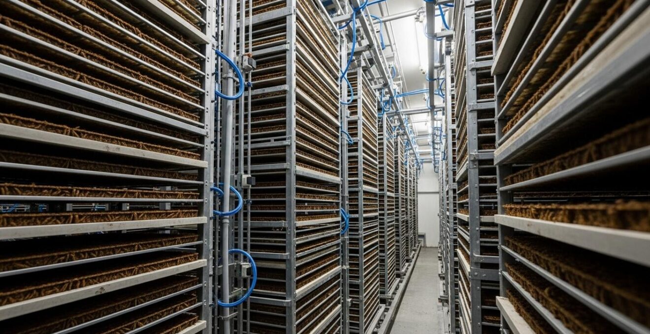 Photographie environnementale montrant l’intérieur d’une ferme verticale automatisée pour l’élevage d’insectes