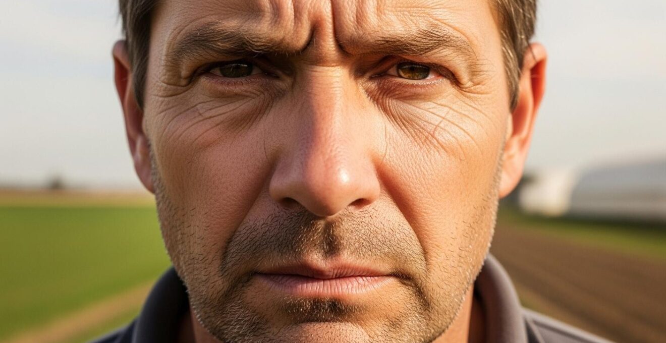 Visage d'agriculteur en situation de stress intense en milieu agricole