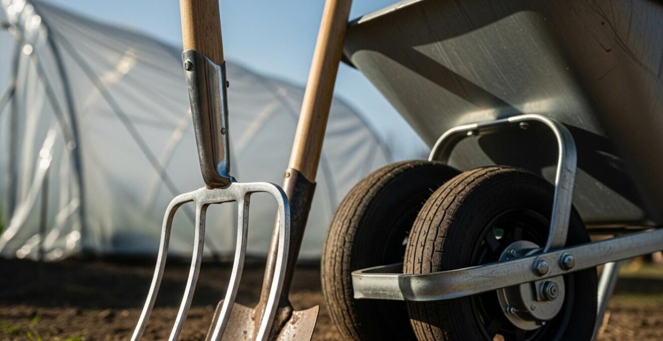 Photographie réaliste d'outils agricoles manuels et matériels pour micro-ferme