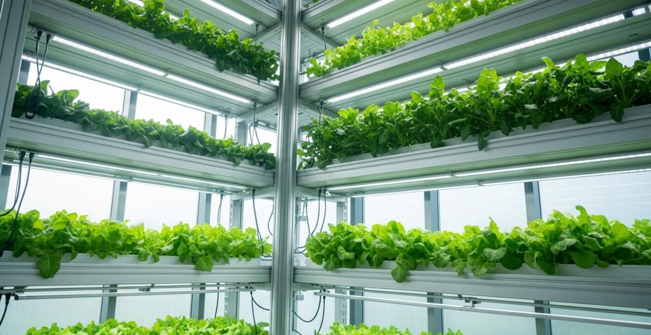 Intérieur lumineux d'une ferme verticale avec plusieurs étages de cultures hydroponiques