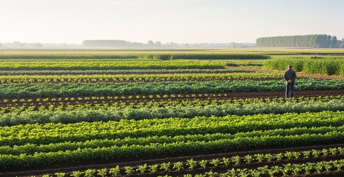 Champ agricole bio vibrant sous une lumière naturelle avec une diversité de cultures et un agriculteur en activité