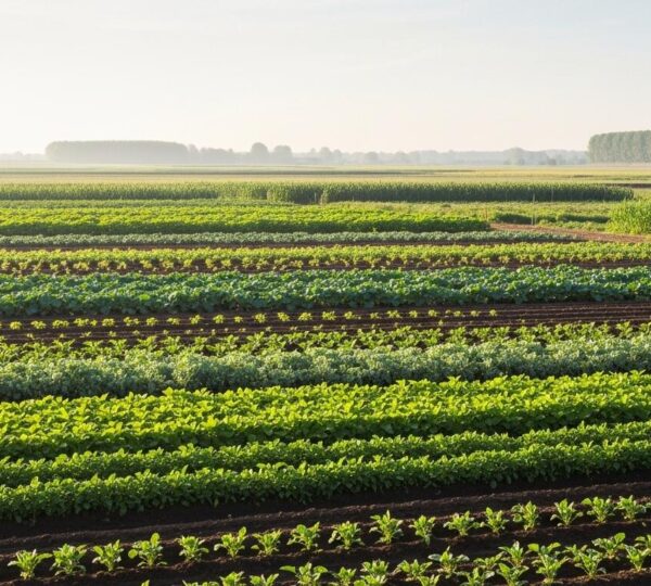 Champ agricole bio vibrant sous une lumière naturelle avec une diversité de cultures et un agriculteur en activité