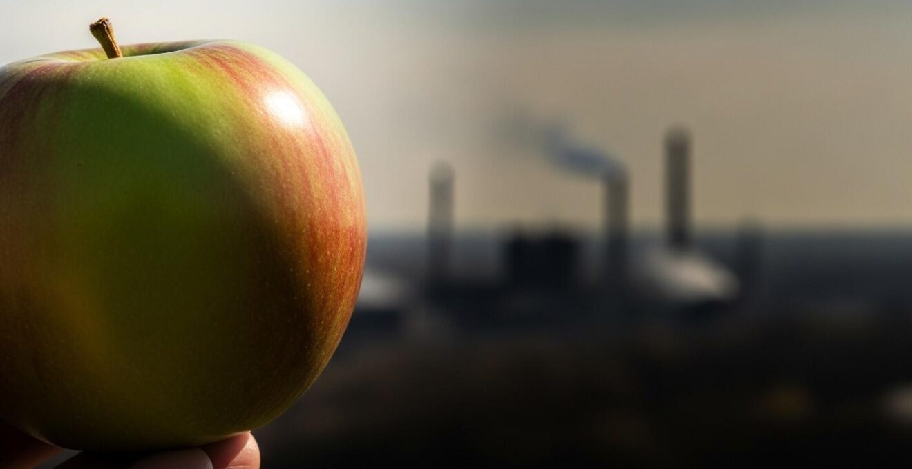 Image symbolique d'une pomme éclatante en façade, cachant une réalité terne et polluée en arrière-plan