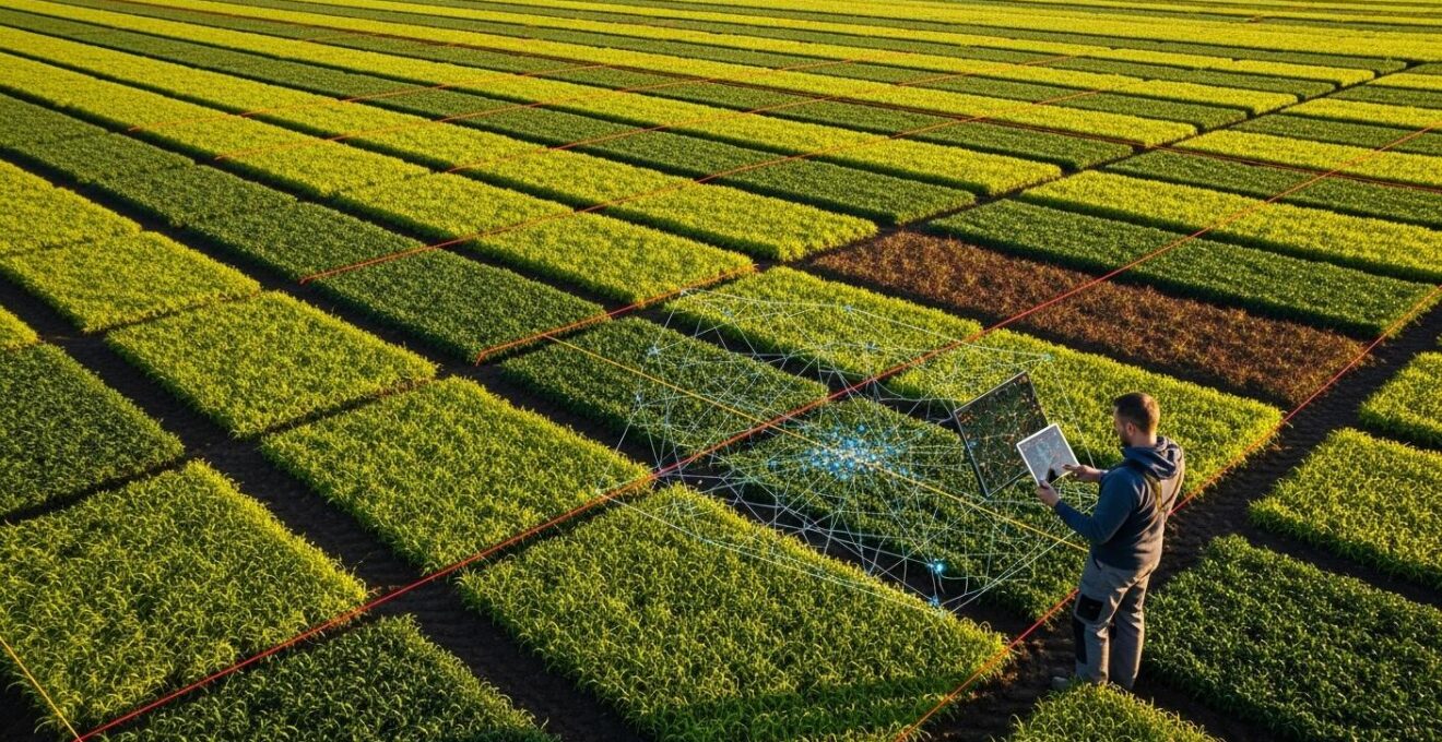 Vue aérienne stylisée montrant un champ divisé en parcelles colorées pour essais d'intrants, avec agriculteur analysant les données