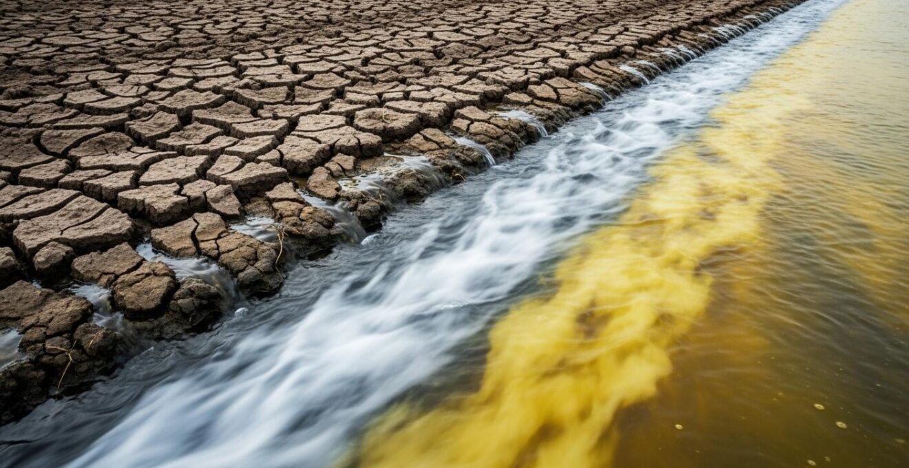 Photographie hyperréaliste d'un sol agricole affecté par la pollution des engrais chimiques avec eau de ruissellement contaminée