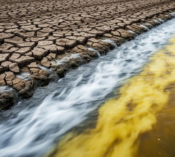Photographie hyperréaliste d'un sol agricole affecté par la pollution des engrais chimiques avec eau de ruissellement contaminée