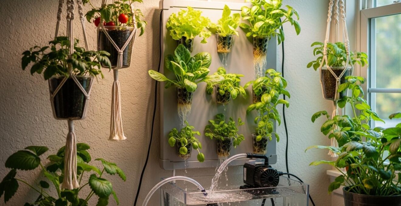 Système hydroponique simple fait maison avec tubes, pompe et plantes suspendues