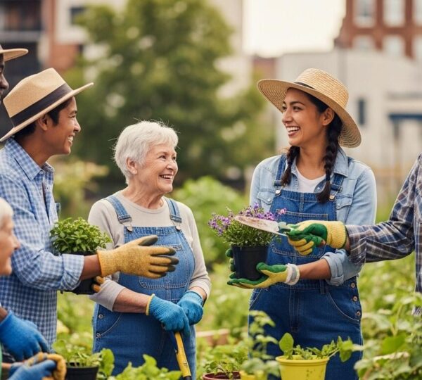 Un jardin collectif urbain avec des personnes de divers âges et origines cultivant ensemble, symbolisant la cohésion sociale en plein air