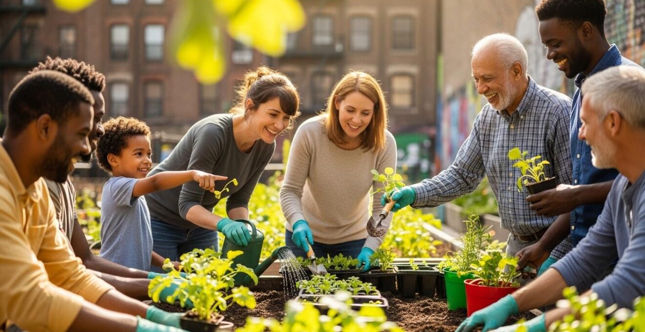 Personnes de différentes générations travaillant ensemble dans un jardin partagé urbain