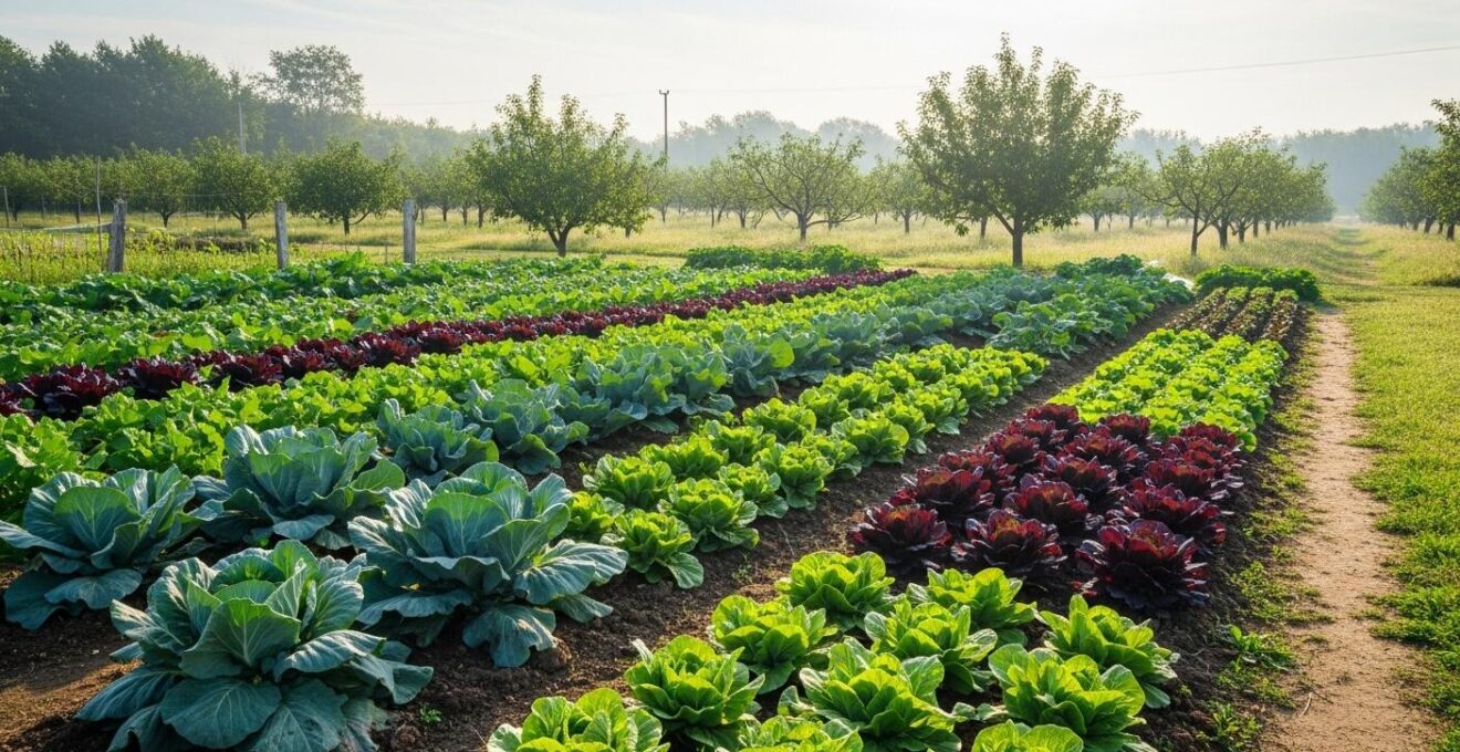 Vue d'une micro-ferme bio intensive avec cultures denses et éléments naturels autour