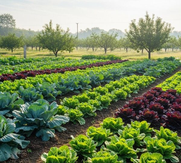 Vue d'une micro-ferme bio intensive avec cultures denses et éléments naturels autour