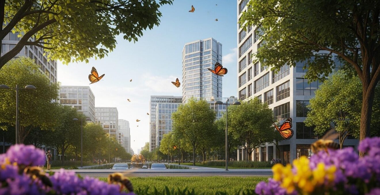 Vue urbaine avec arbres, papillons et abeilles, montrant la nature intégrée en ville pour la vie et la biodiversité