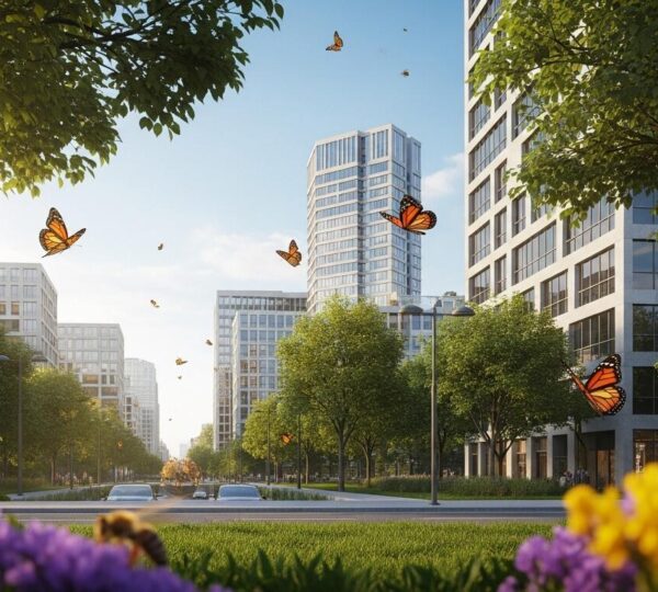 Vue urbaine avec arbres, papillons et abeilles, montrant la nature intégrée en ville pour la vie et la biodiversité