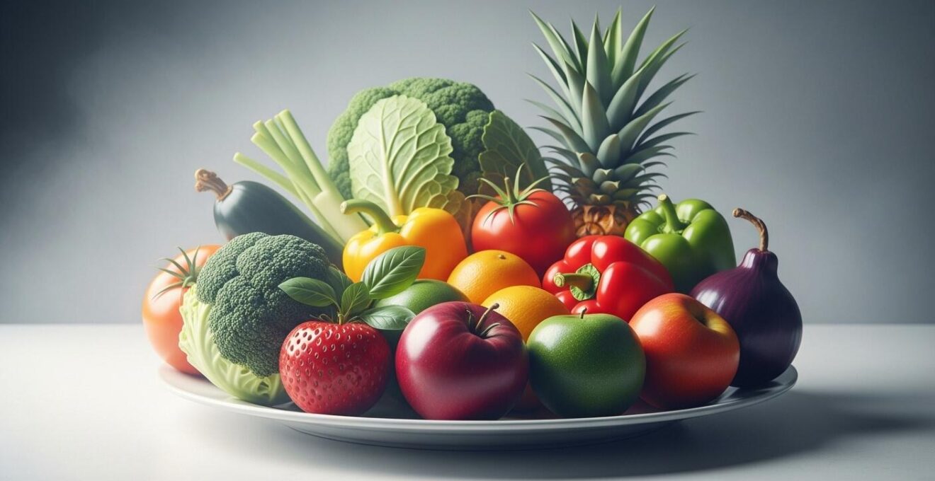 Photographie symbolique montrant une assiette avec des fruits et légumes colorés mais un effet visuel de produit chimique diffus autour