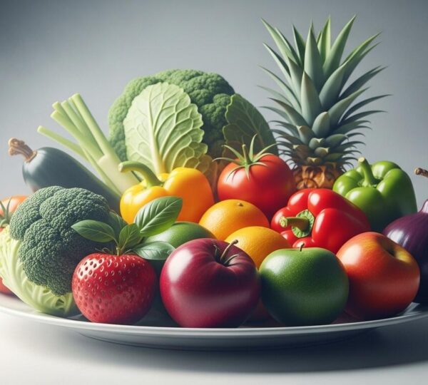 Photographie symbolique montrant une assiette avec des fruits et légumes colorés mais un effet visuel de produit chimique diffus autour