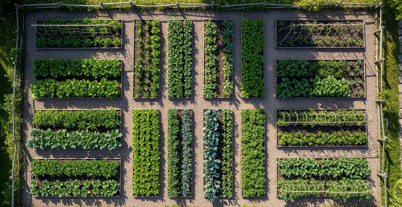 Vue large d’un potager divisé en parcelles distinctes pour la rotation des cultures