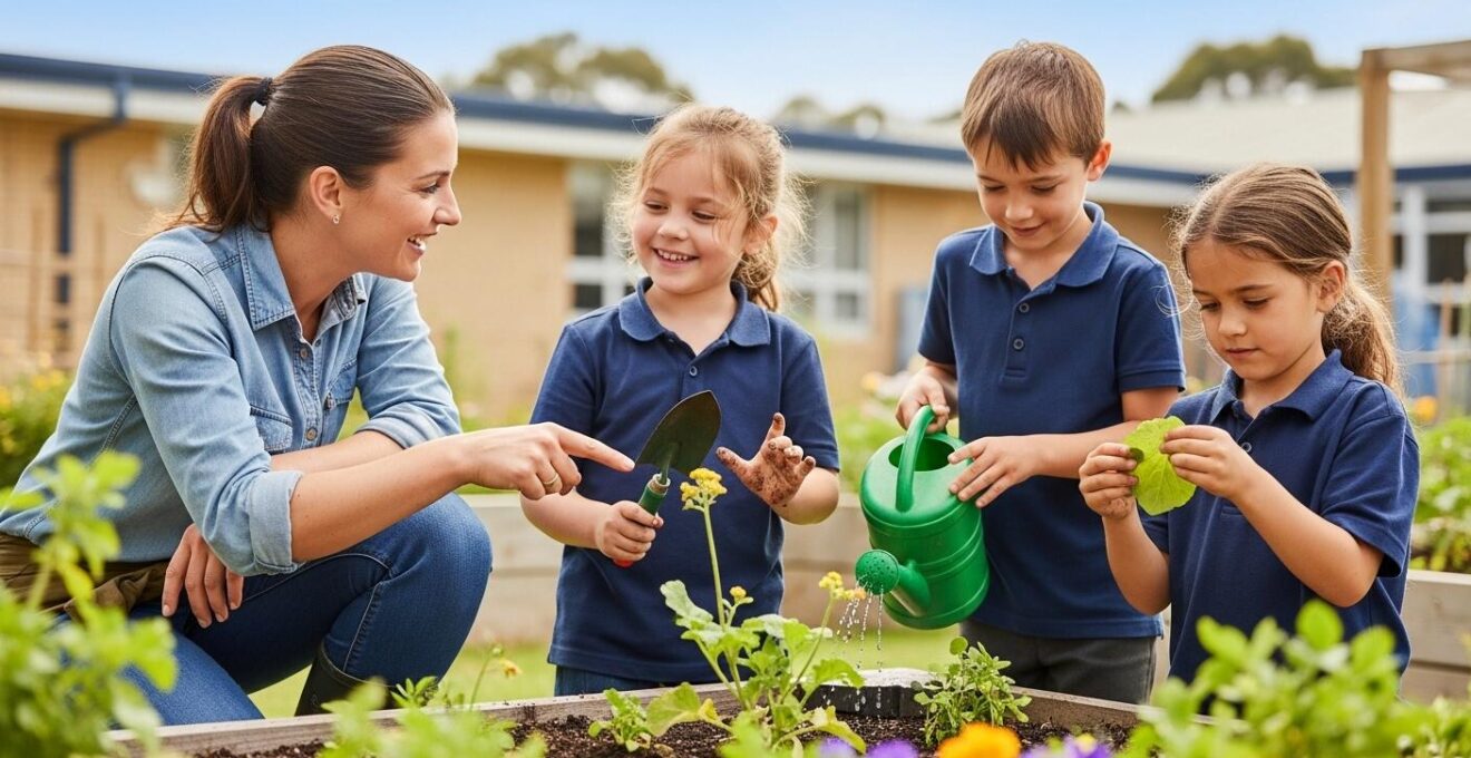 Enfants et enseignants travaillant ensemble dans un potager scolaire collectif en plein air
