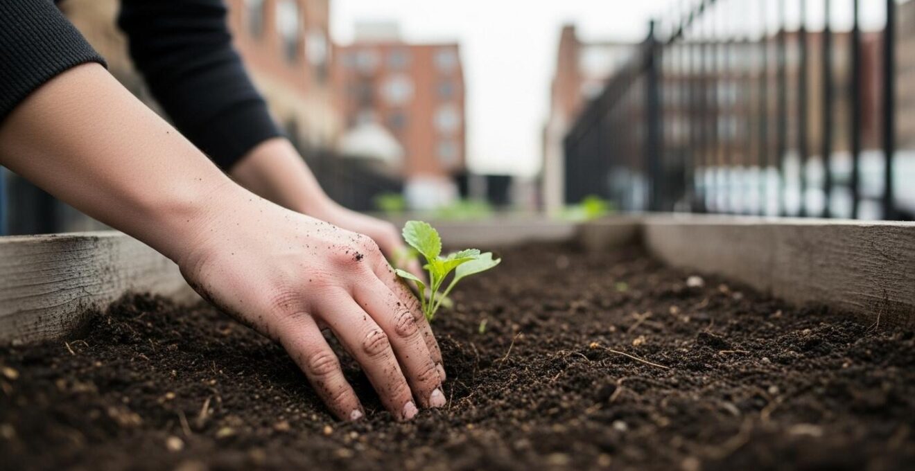 Main d'une personne plantant une jeune pousse dans un potager urbain collectif