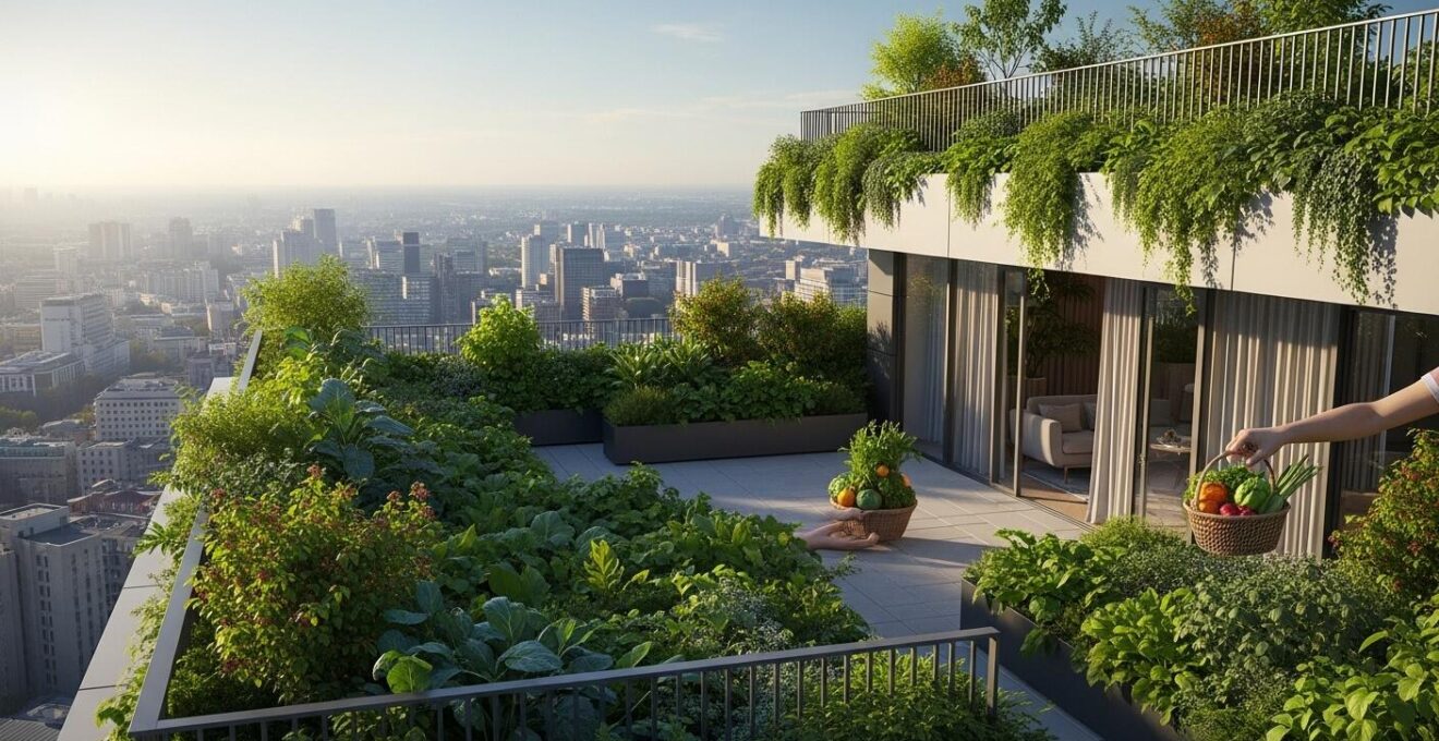 Vue réaliste et lumineuse d'un potager luxuriant sur le toit d'un immeuble urbain moderne avec la ville en arrière-plan