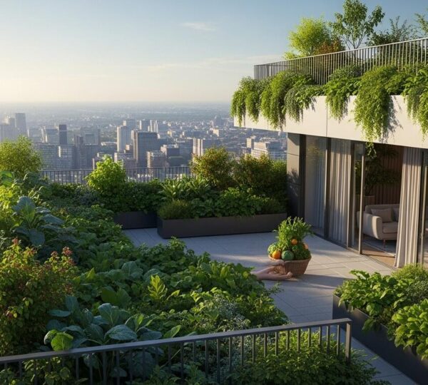 Vue réaliste et lumineuse d'un potager luxuriant sur le toit d'un immeuble urbain moderne avec la ville en arrière-plan