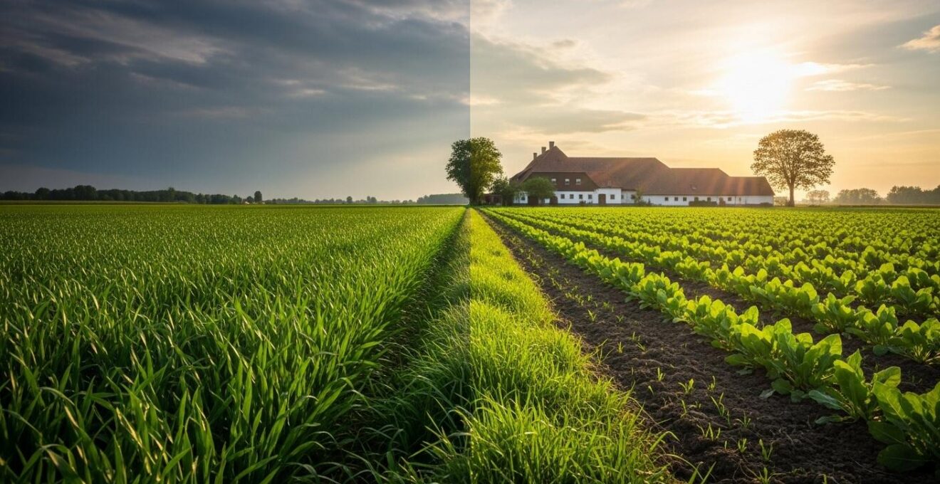 Photographie réaliste d'une ferme avec un champ verdoyant sous un ciel changeant, symbolisant la résilience agricole aux chocs environnementaux.