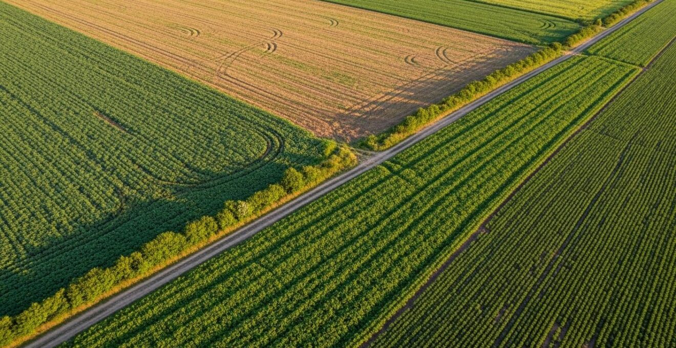 Champ agricole avec différentes cultures en rotation, montrant sol fertile et végétation variée