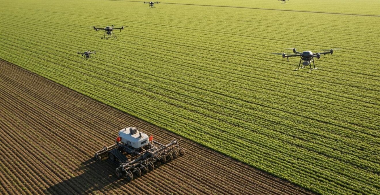 Vue environnementale d'un drone et robot agricole autonome travaillant dans une vaste exploitation agricole
