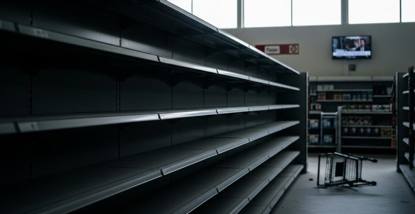 Photographie réaliste d'un supermarché désert avec des rayons de fruits et légumes vides, évoquant la vulnérabilité alimentaire locale