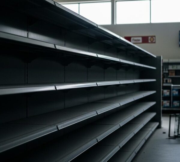 Photographie réaliste d'un supermarché désert avec des rayons de fruits et légumes vides, évoquant la vulnérabilité alimentaire locale