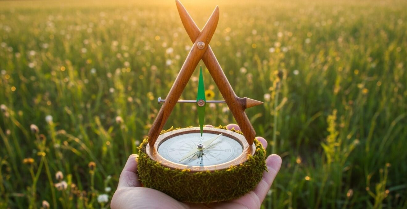 Symbole métaphorique d’une main tenant une boussole écologique verte dans un champ naturel