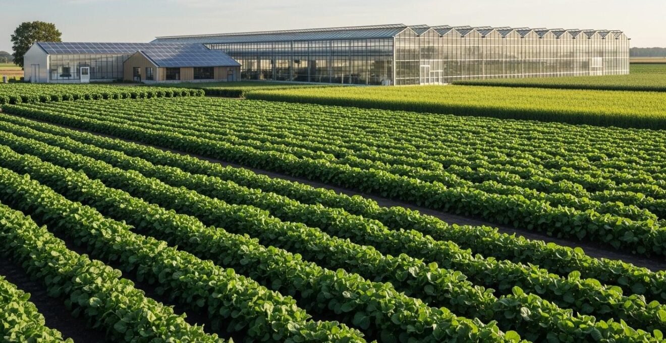 Vue panoramique d'une ferme moderne combinant champs cultivés, serre high-tech et végétation luxuriante sous un ciel lumineux